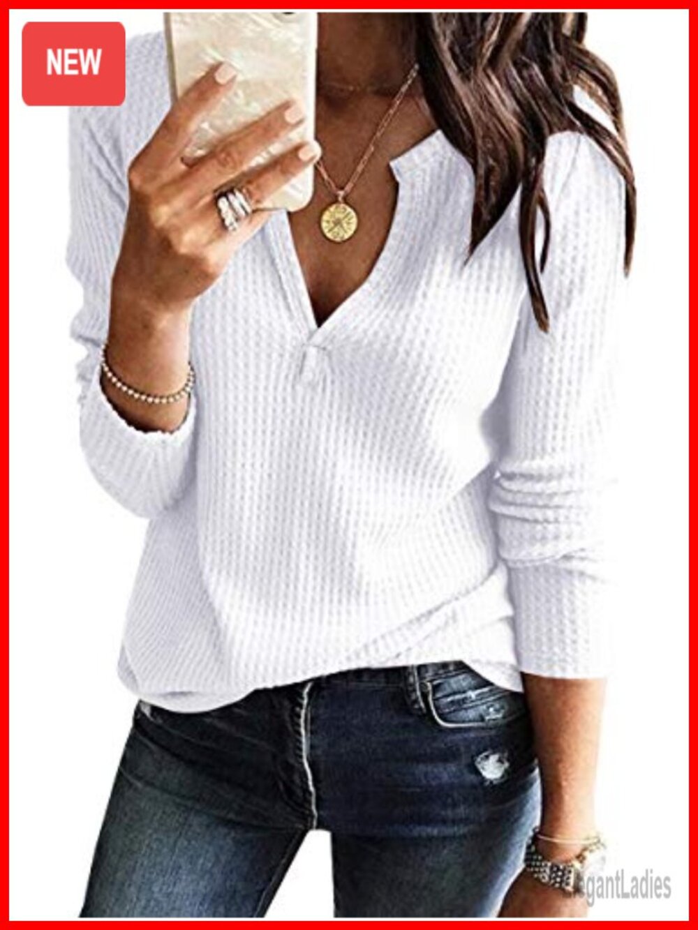 Waffle Knit V Neck Long Sleeve Pullover Top